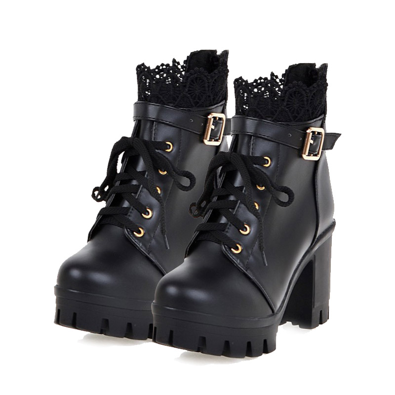 Lace Buckle Lace-Up High Heel Boots - Black - 43 - image 4