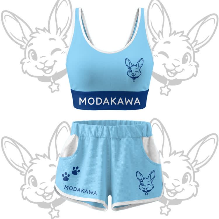Wink Bunny Graphic Crop Tank Sport Top Shorts Bikini Modakawa Matching Outfit - Blue Set - 5XL - image 13