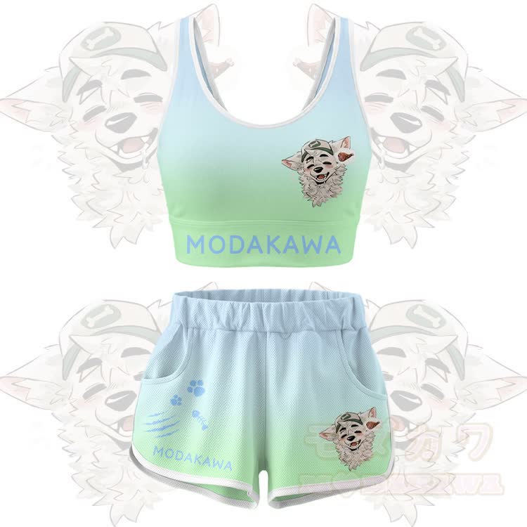 MODAKAWA X atka Fox Wants Meat Graphic Crop Tank Sport Top Shorts Bikini Matching Outfit - Green Set - 5XL - image 11