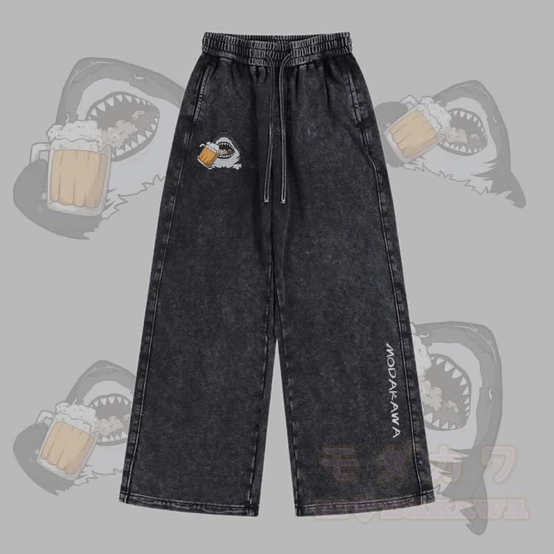 MODAKAWA Shark Drinking Beer Graphic Vintage Washed Adjustable Hem Pants - Black - 2XL - image 3