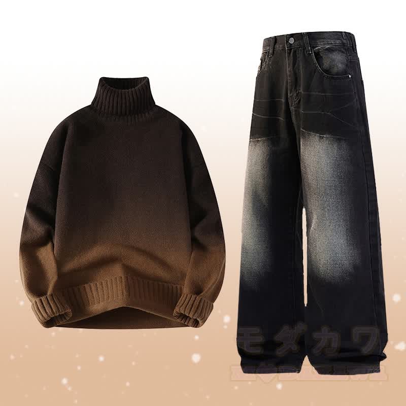 Gradient Knit Turtleneck Sweater Denim Pants Two Pieces - Set E - 3XL - image 5