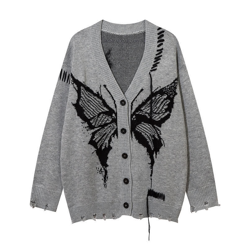 Dark Fashion Butterfly Print Distressed Knit Oversize Sweater  - Grey - One Size - image 11