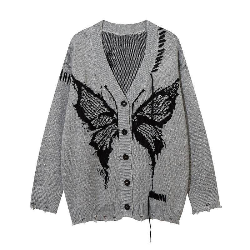 Dark Fashion Butterfly Print Distressed Knit Oversize Sweater  - Grey - One Size - image 11