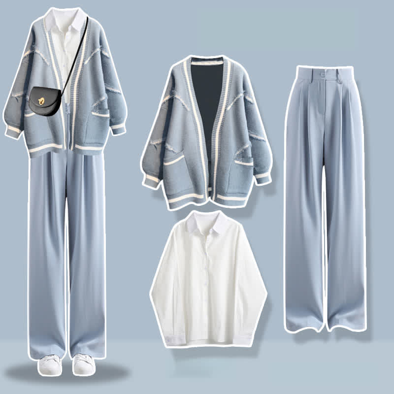 Letter Embroidery Cardigan Sweater Lapel Shirt Denim Pants Matching Outfit - Set D - XL - image 4