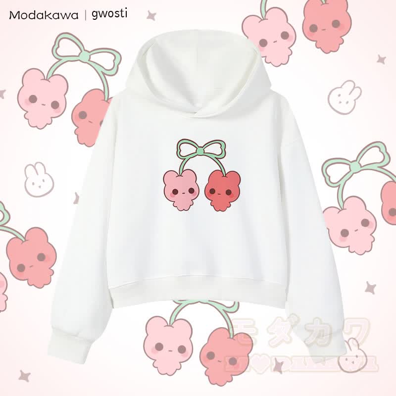 MODAKAWA X gwosti Cherries Graphic Cropped Cotton Hoodie - White - 3XL - image 3