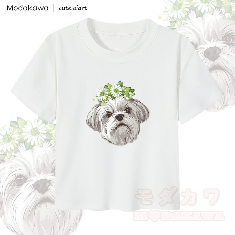 MODAKAWA X cute.aiart Flower Puppy Graphic Women's Cropped T-Shirt 92% Combed Cotton Crop Top - White - XL - image 3
