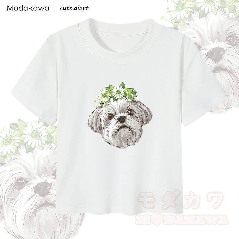 MODAKAWA X cute.aiart Flower Puppy Graphic Women's Cropped T-Shirt 92% Combed Cotton Crop Top - White - XL - image 3