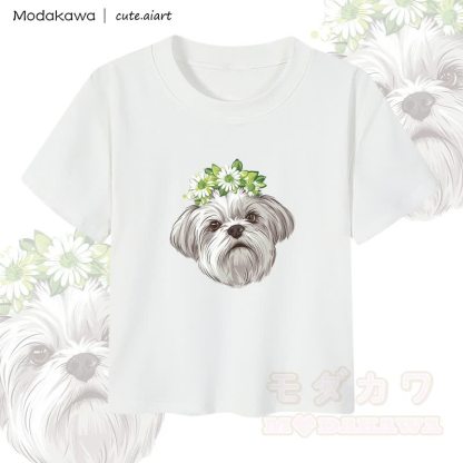 MODAKAWA X cute.aiart Flower Puppy Graphic Women's Cropped T-Shirt 92% Combed Cotton Crop Top - White - XL - image 3