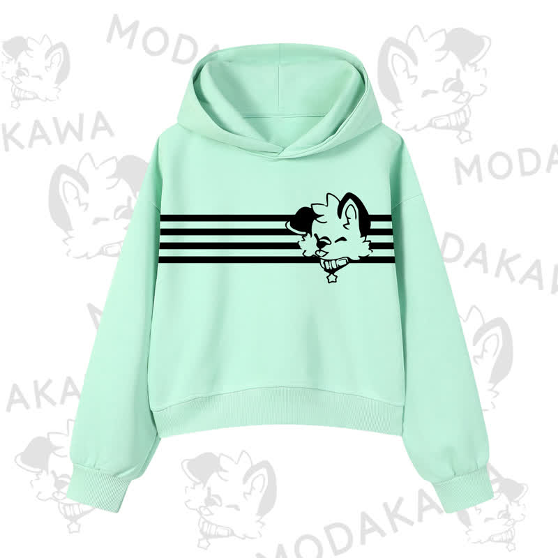 Modakawa Dog Graphic Stripe Cropped Cotton Hoodie - Green - 3XL - image 9