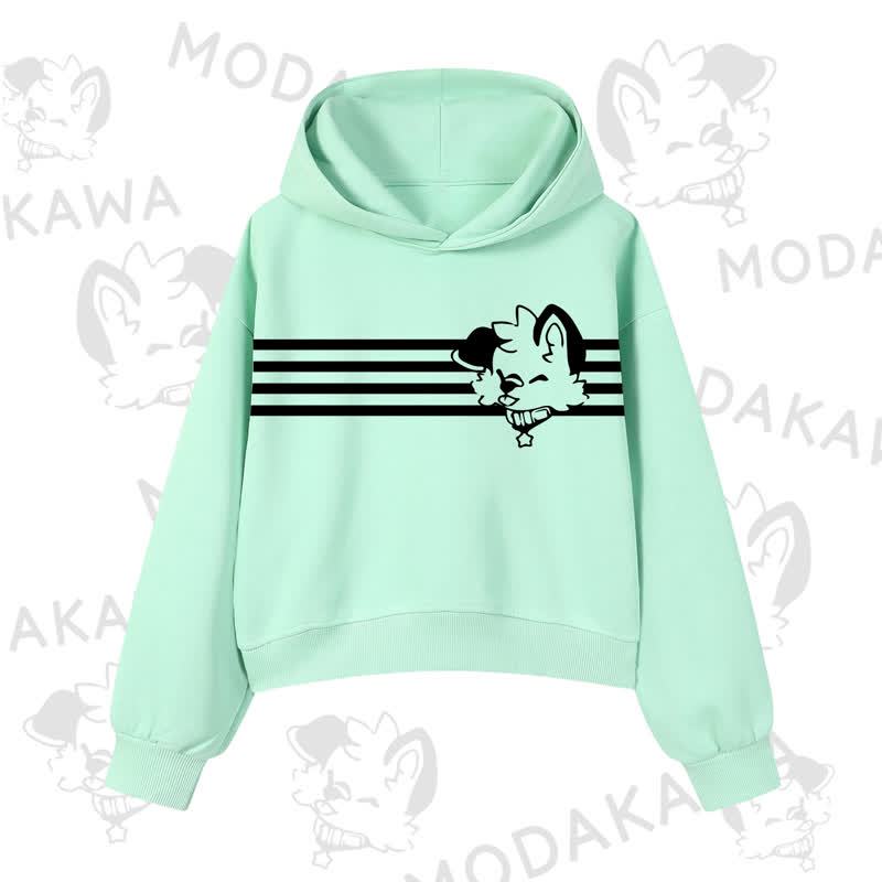 Modakawa Dog Graphic Stripe Cropped Cotton Hoodie - Green - 3XL - image 9