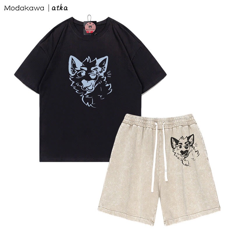 MODAKAWA X atka Playful Fox Face Graphic T-shirt Vintage Washed Shorts Two Pieces Set - Black&Apricot - 3XL - image 4