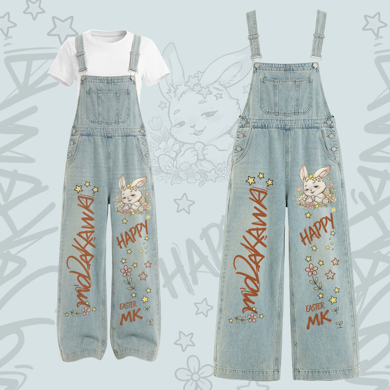 HAPPY Bunny Graphic U-Neck T-shirt Cargo Overalls Modakawa Two Pieces Set - Set B - XL - image 2
