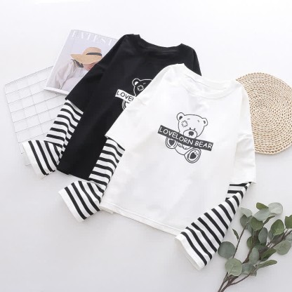 Cartoon Bear Letter Print Stripe Sleeve Sweatshirt - image 4