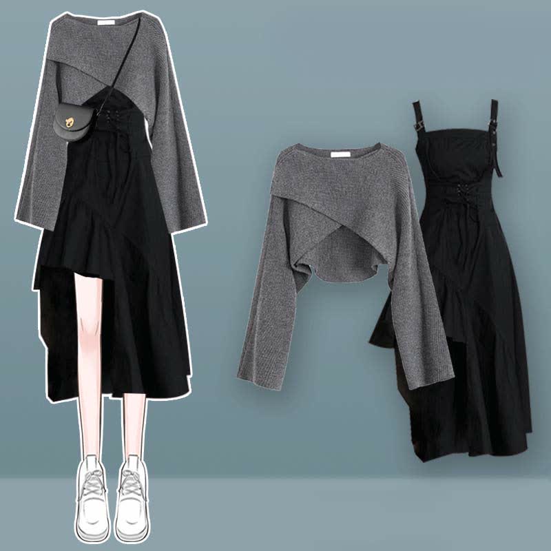 Cross Knit Sweater Lace Up Irregular Ruffled Slip Dress Matching Outfit - Gray Sweater+Black Dress A - XL - image 1