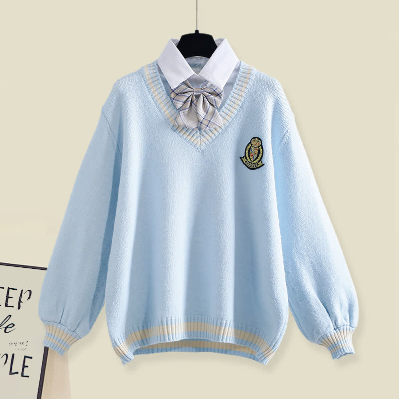 Fake Matching Outfit Bow Decor Sweater Pleated Skirt Plush Pants Matching Outfit - Blue Sweater - XL - image 5