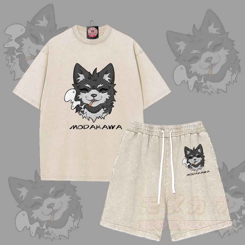 MODAKAWA Smoking Puppy Graphic Vintage Washed T-shirt Shorts Two Pieces Set - Apricot - 3XL - image 11