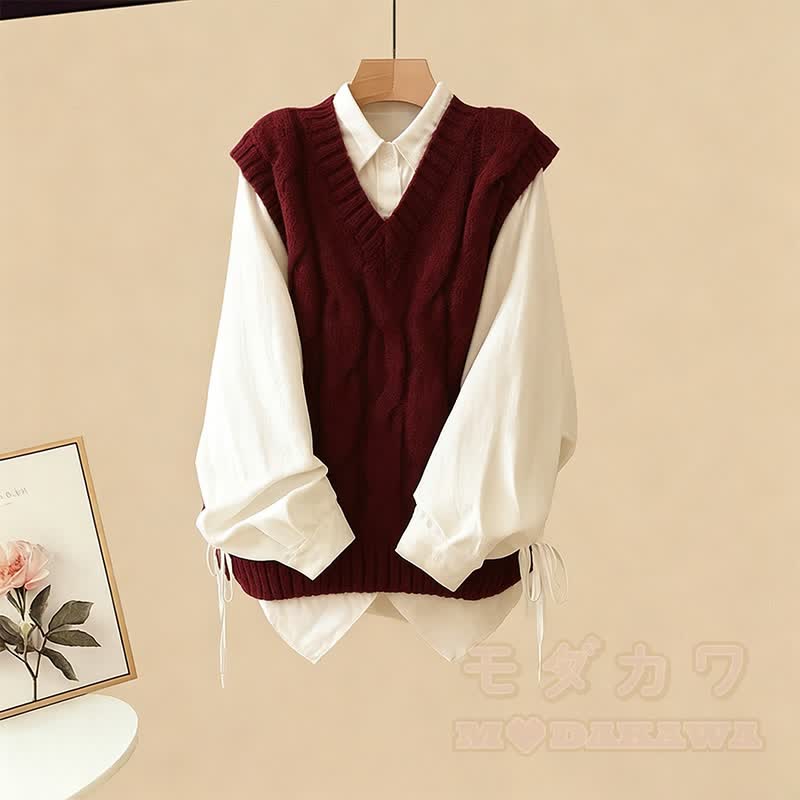 Knit Vest Lace-up Shirt Plaid Denim Pants Matching Outfit - Vest+Shirt - XL - image 3