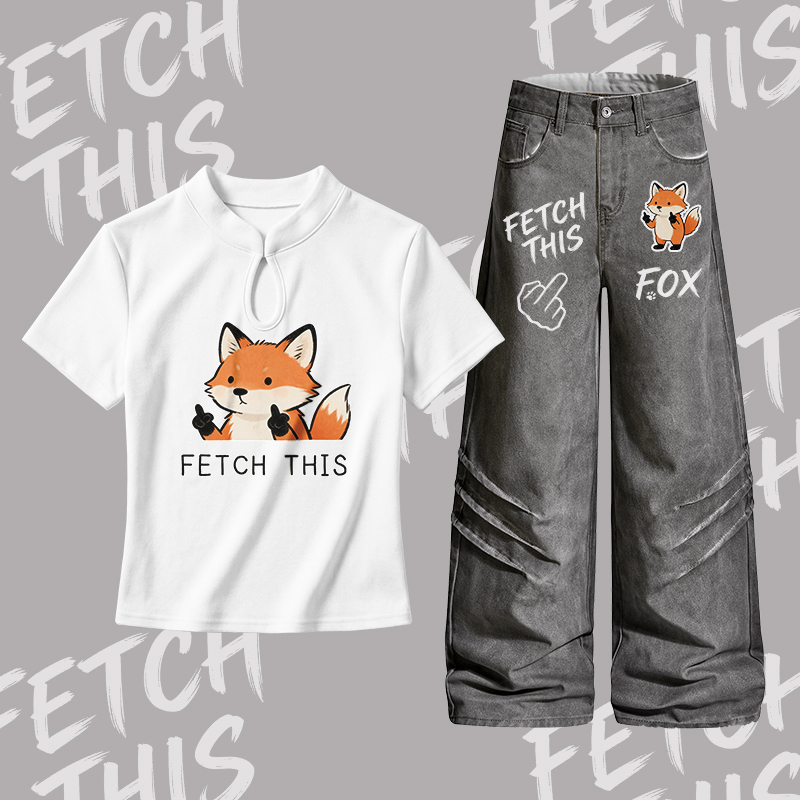ETCH THIS Fox Graphic Buckle T-shirt Denim Pants Modakawa Two Pieces Set - Set B - L - image 2
