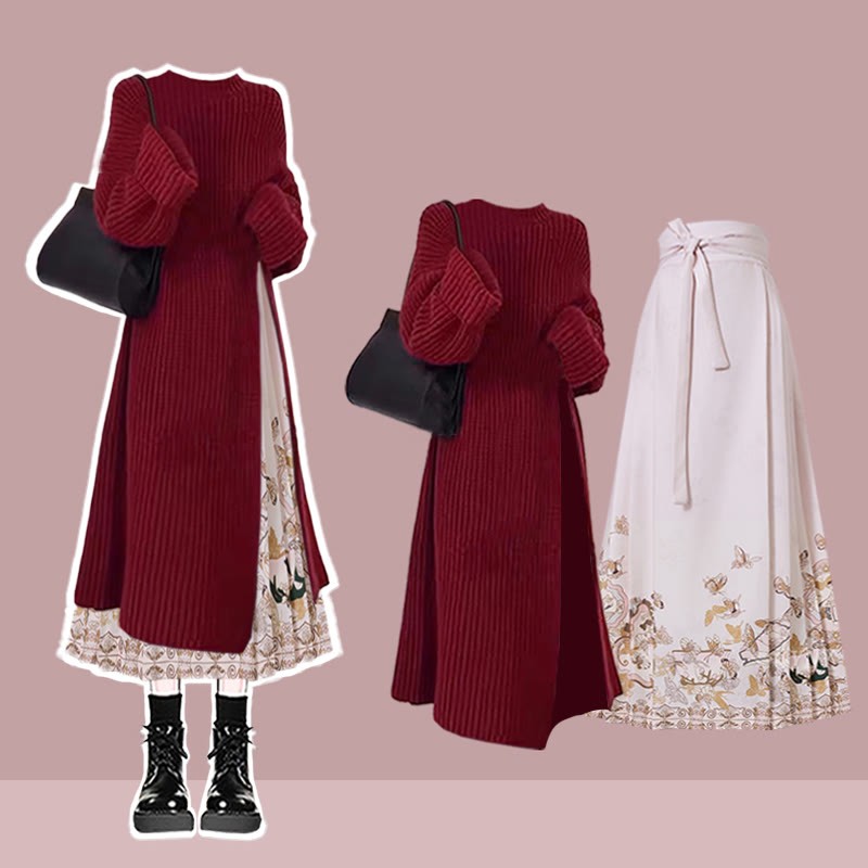 Knit Sweater Dress Flower Print Horse-face Skirt Matching Outfit - Set E - 3XL - image 7