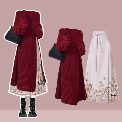 Knit Sweater Dress Flower Print Horse-face Skirt Matching Outfit - Set E - 3XL - image 7