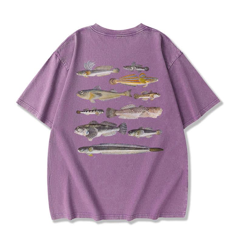 Modakawa Marine Fish Print Washed Loose Oversized Short Sleeve Tee - Purple - 3XL - image 8