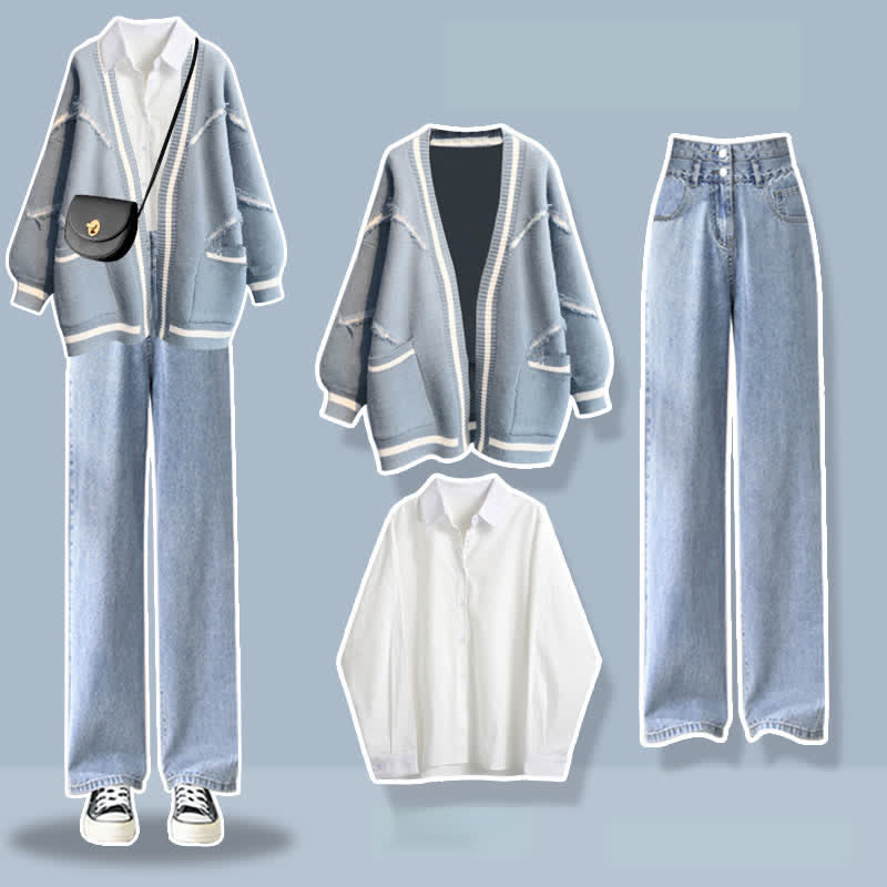 Letter Embroidery Cardigan Sweater Lapel Shirt Denim Pants Matching Outfit - Set C - XL - image 3