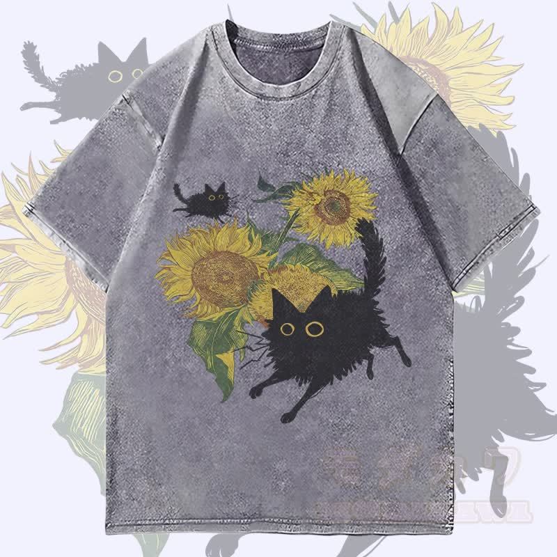 MODAKAWA Black Cat And Sunflowers Graphic Unisex Vintage Washed T-Shirt - Grey - 4XL - image 3