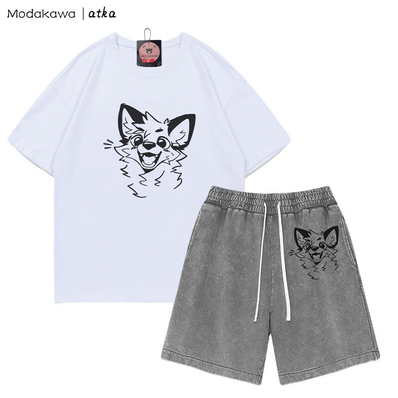 MODAKAWA X atka Cheerful Fox Graphic T-shirt Vintage Washed Shorts Two Pieces Set - White&Grey - 3XL - image 6