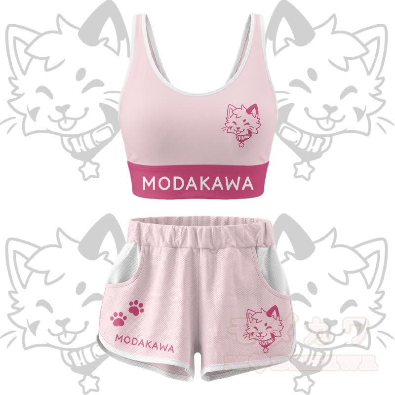 Kitty Graphic Crop Tank Sport Top Shorts Bikini Modakawa Matching Outfit - Pink Set - 5XL - image 1