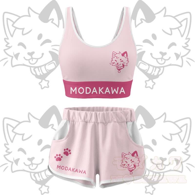 Kitty Graphic Crop Tank Sport Top Shorts Bikini Modakawa Matching Outfit - Pink Set - 5XL - image 1