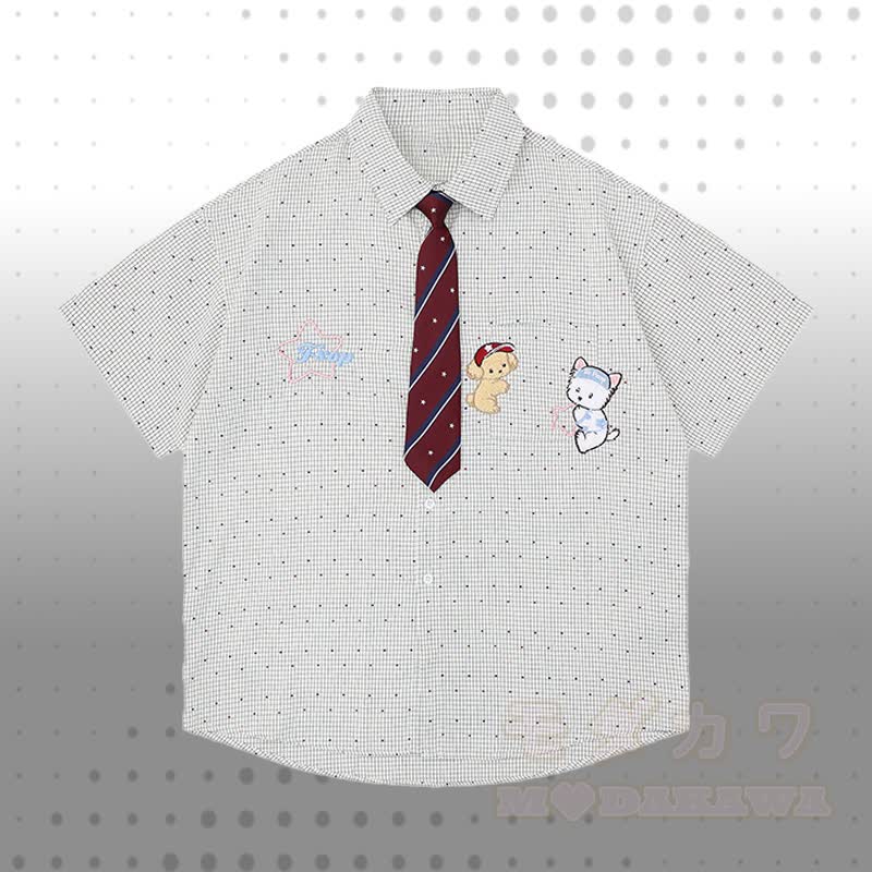 Puppy Embroidery Tie Gingham Shirt 3D Bear Chain Ripped Denim Pants Modakawa Matching Outfit - White T-shirt - XL - image 5