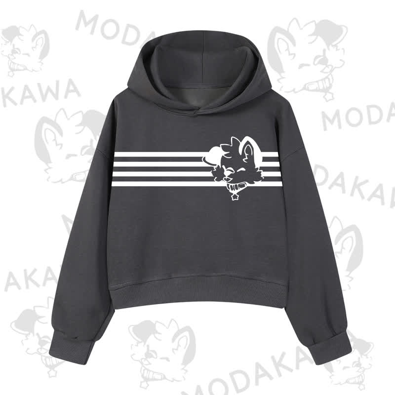 Modakawa Dog Graphic Stripe Cropped Cotton Hoodie - Dark Grey B - 3XL - image 7