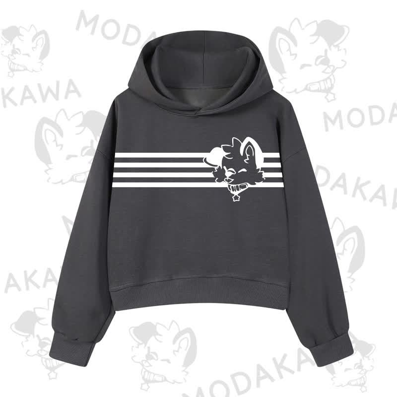 Modakawa Dog Graphic Stripe Cropped Cotton Hoodie - Dark Grey B - 3XL - image 7