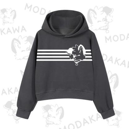 Modakawa Dog Graphic Stripe Cropped Cotton Hoodie - Dark Grey B - 3XL - image 7