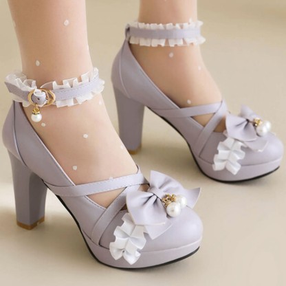 Bow Decor Lace Round Toe Chunk Heel Mary Janes Shoes - image 13
