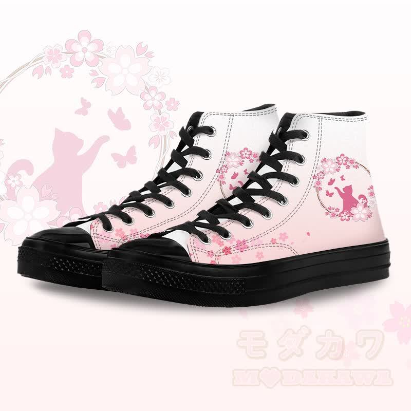 Flower Cat Graphic Modakawa Gradient High Top Canvas Shoes - Black B - 45 - image 5