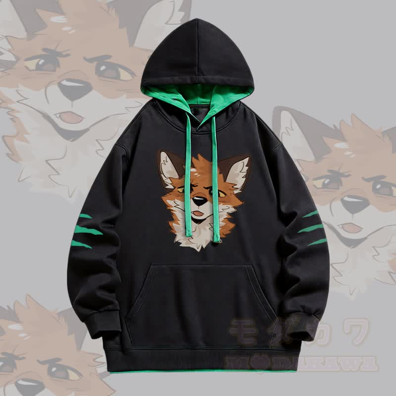 MODAKAWA X atka Squinty Fox Graphic Oversized Contrast Lining Pullover Hoodie - Black - 4XL - image 2