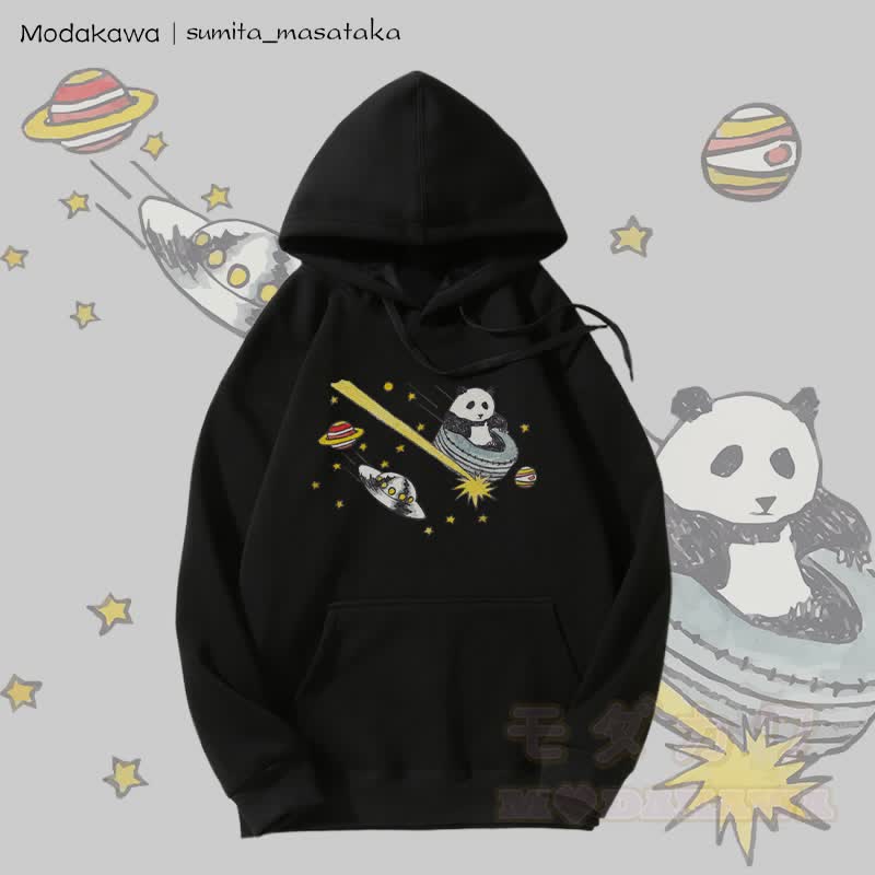 MODAKAWA X sumita_masataka Cosmic Panda Journey Graphic Fleece Lined Hoodie - Black - 5XL - image 5