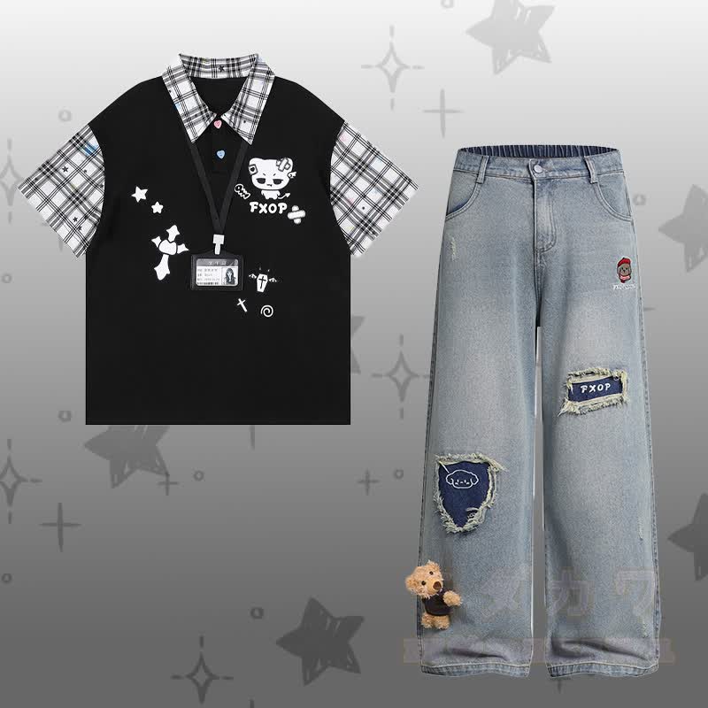 Demon Kitty Graphic Color Block Polo T-shirt Ripped Denim Pants Modakawa Matching Outfit - Set C - XL - image 3