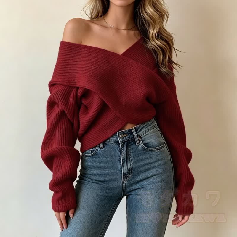 Cross Wrap Off Shoulder Irregular Loose Cropped Knit Sweater - Wine - One Size - image 11