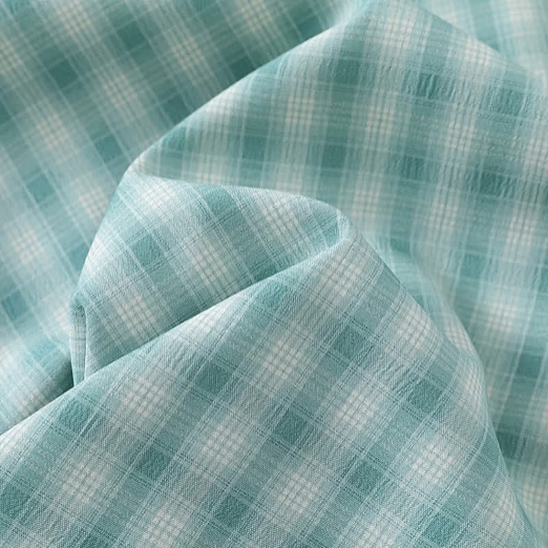 Embroidery Plaid Tie Cuff Puff Short Sleeve Lapel Shirt - image 5