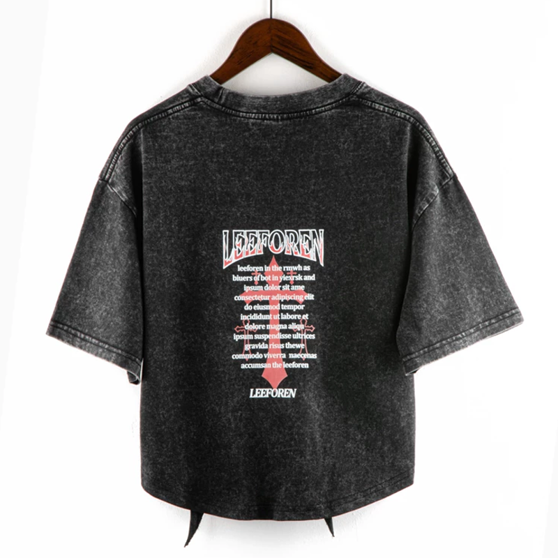 Washed Vintage Letter Print Asymmetric Short Sleeve T-shirt  - image 6