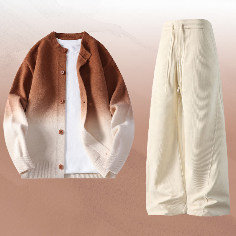 Gradient Knit Cardigan Sweater Corduroy Pants Two Pieces - Set B - 4XL - image 2