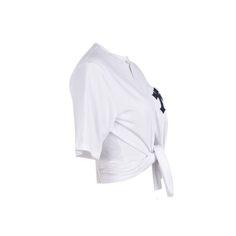 Cross Embroidery Pocket Lace Up Crop T-Shirt - image 7