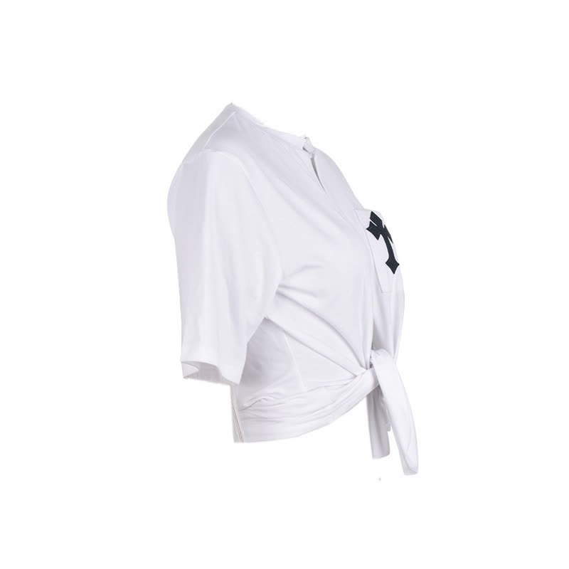 Cross Embroidery Pocket Lace Up Crop T-Shirt - image 7