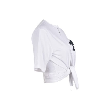Cross Embroidery Pocket Lace Up Crop T-Shirt - image 7