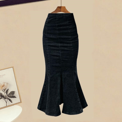 Pure Color Vest Shirt High Waist Fishtail Denim Skirt Matching Outfit - Black Skirt - XL - image 8