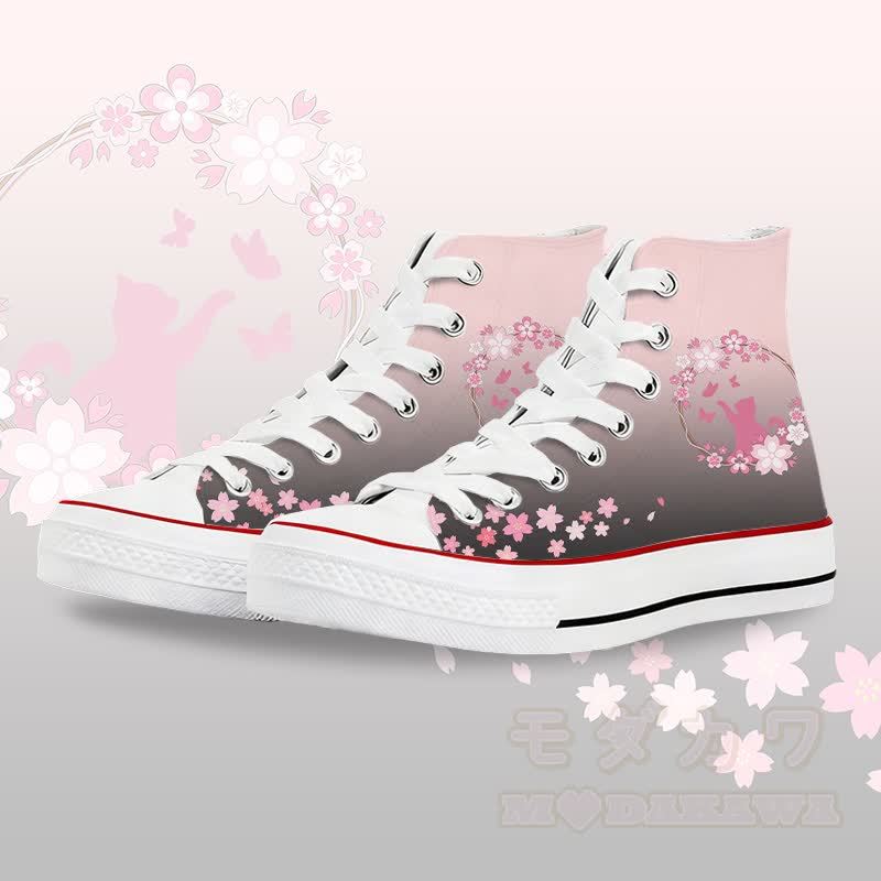 Flower Cat Graphic Modakawa Gradient High Top Canvas Shoes - White C - 45 - image 3
