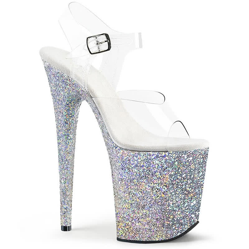 Fashion Transparent Open Toe Platform High Heel Sandals - White&Glitter - 44 - image 8