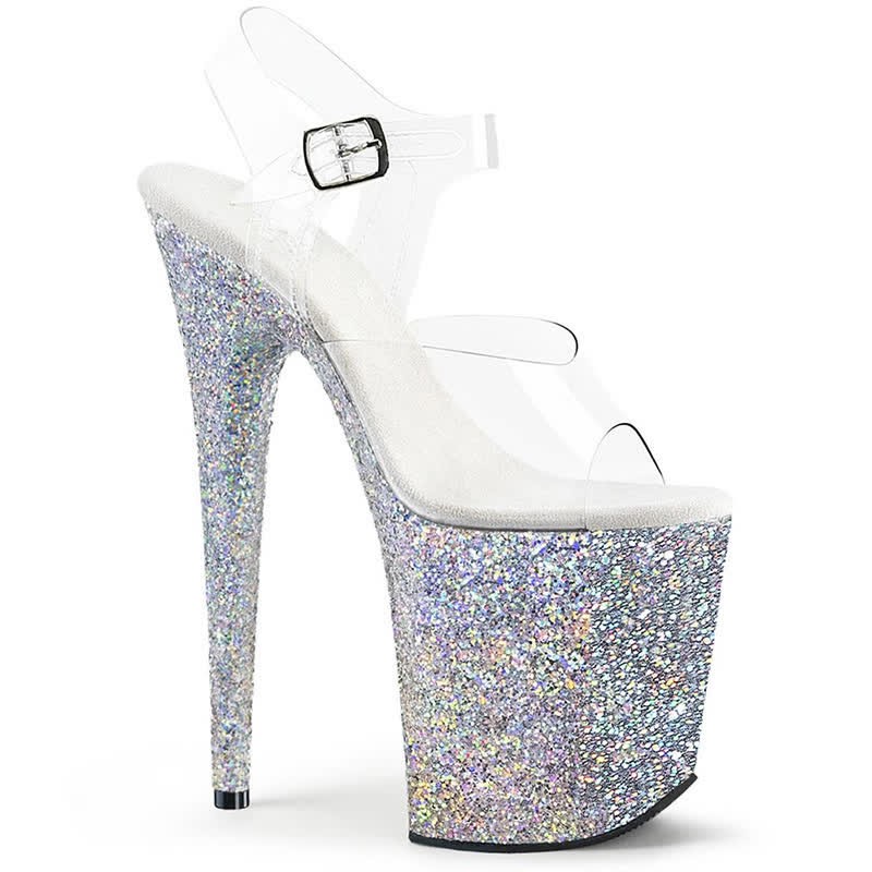 Fashion Transparent Open Toe Platform High Heel Sandals - White&Glitter - 44 - image 8